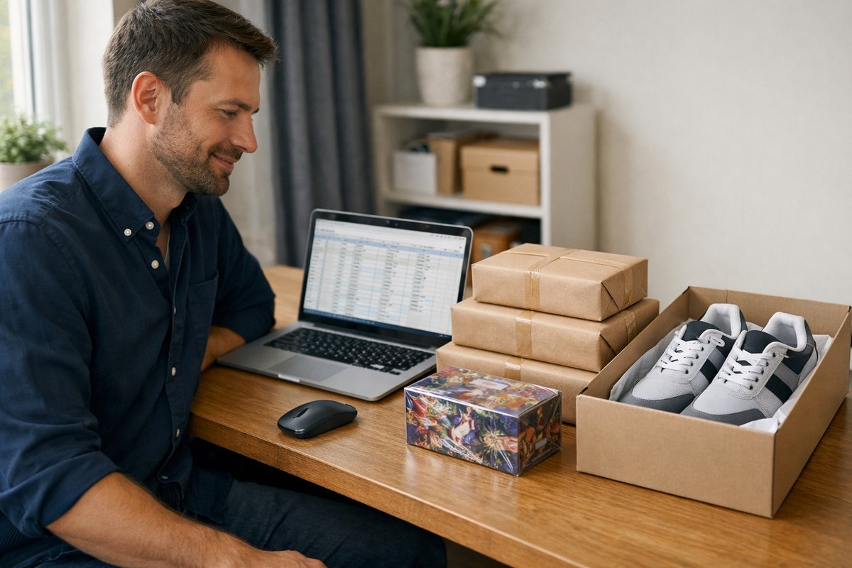 Organised UK reseller workspace with parcels, trading cards and trainers ready to ship, representing full-time reselling as a business