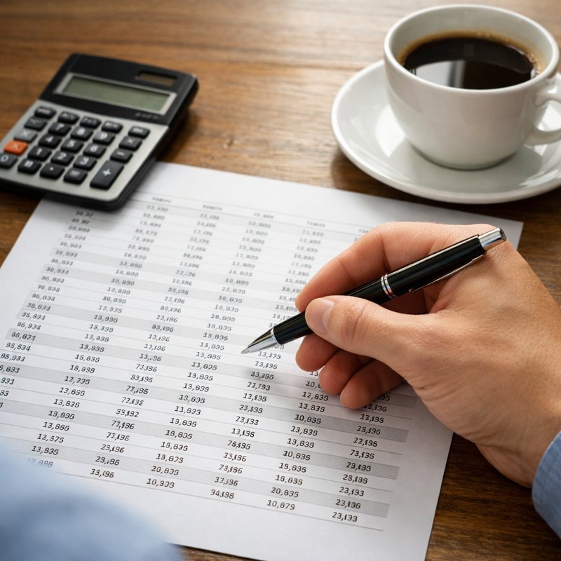 UK reseller reviewing profit and margin spreadsheet on a desk, calculating net income before going full time