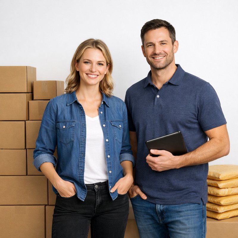 Stacked shipping boxes and padded envelopes representing reseller stock and fulfilment readiness for full-time operations