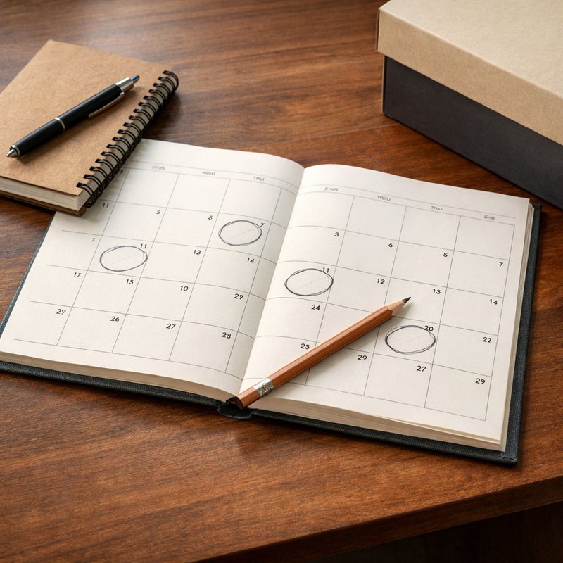 Open calendar and notebook on a desk beside a sneaker box, representing a UK reseller planning the transition to full-time reselling