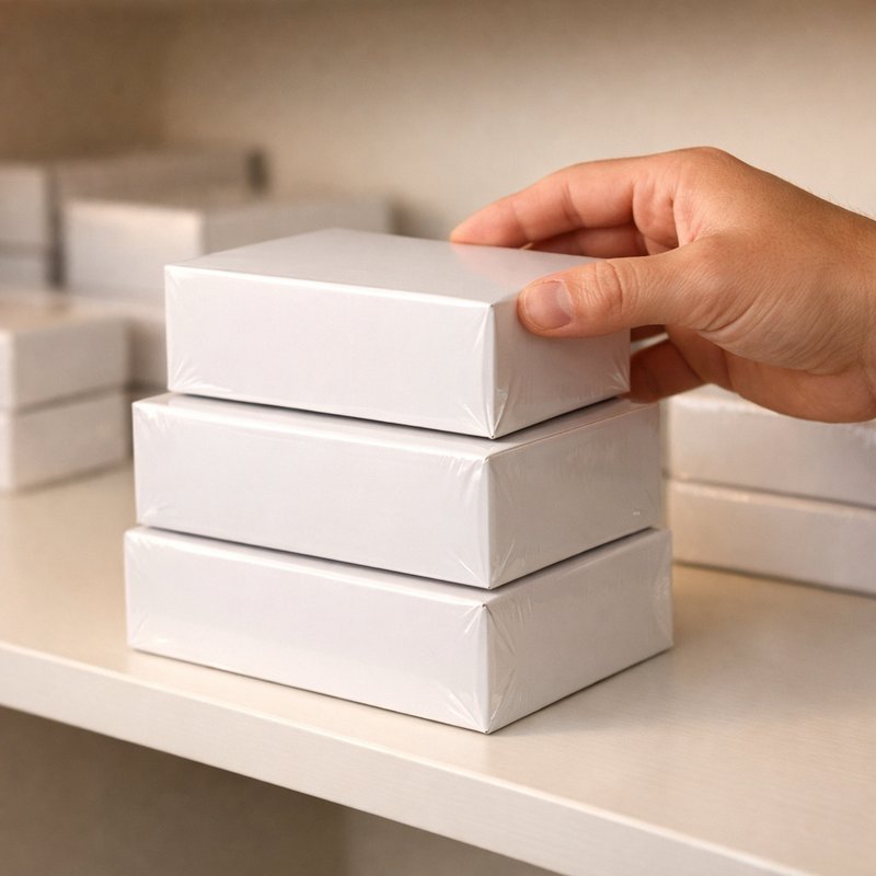 Hand selecting a limited-stock product box from a shelf, representing Amazon UK purchase quantity limits for resellers