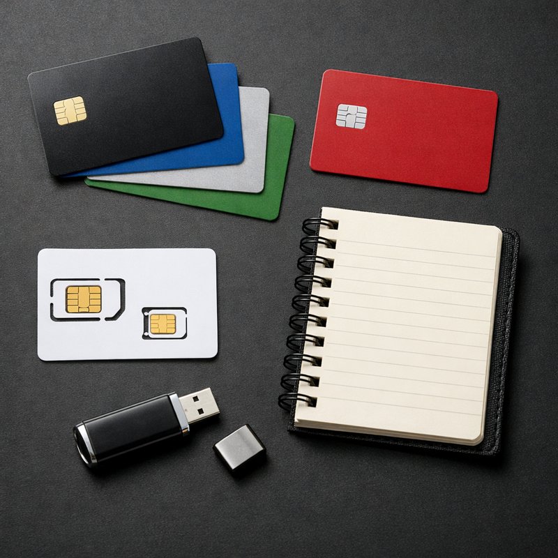 Multiple payment cards and SIM cards arranged on a dark surface, representing the unique credentials required for proper Amazon account separation