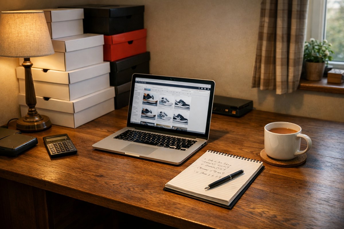 UK reseller's desk with stacked trainer boxes, a laptop, and handwritten margin calculations ready for a drop
