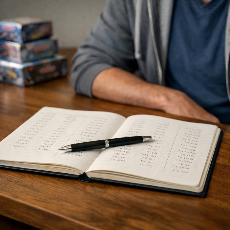 Open notebook with handwritten margin calculations next to sealed trading card boxes on a wooden desk