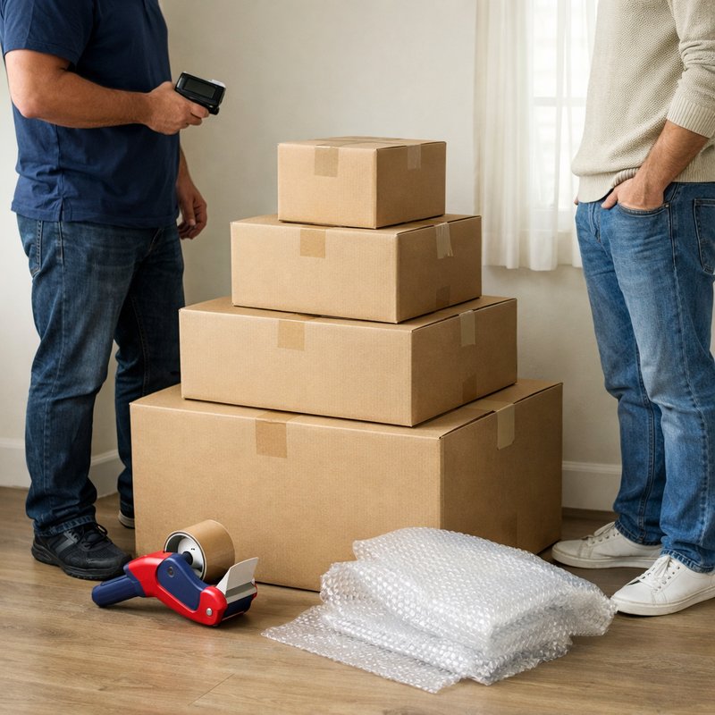 Sealed shipping parcels stacked and ready to send, representing UK reseller order fulfilment and postage costs