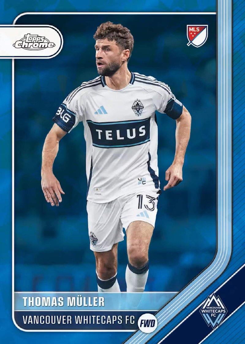 Topps Chrome Sapphire MLS trading cards spread out showing foil parallels and autograph card