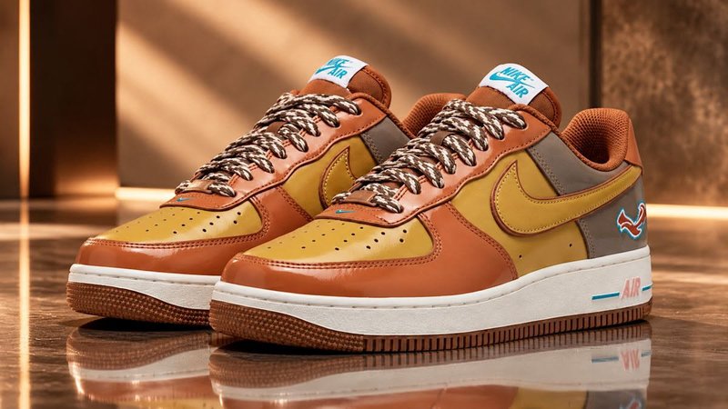 Flat lay of the NIGO J-Hope Air Force 1 Burnt Sunrise unboxed, showing gold laces and woven tongue label detail